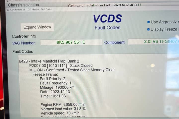 2013 Audi S5 3.0L v6 stuck intake manifold flap error code