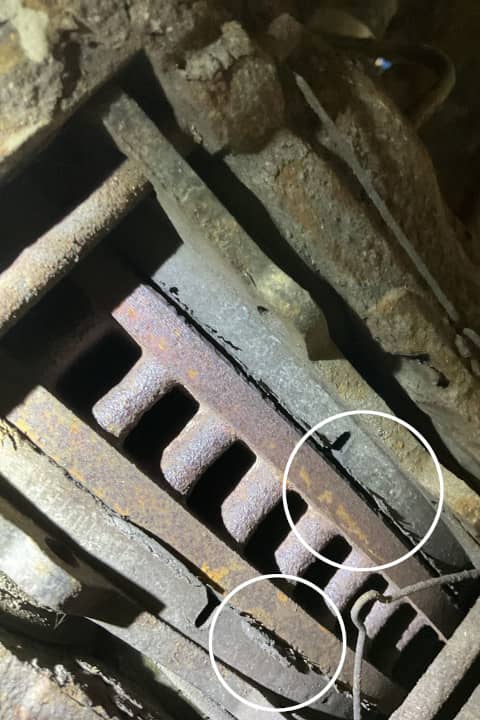 Brake rotor rust damage to brake pads.