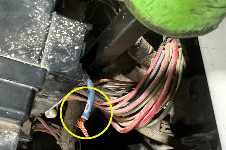 Heater blower power wire cut at electrical power junction box