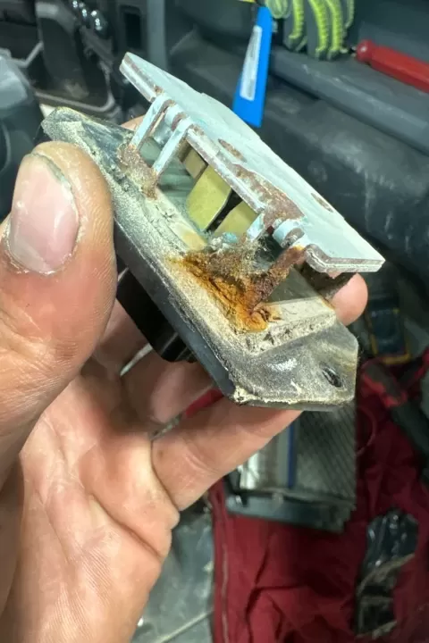 Corrosion of electrical connections on Dodge Ram heater blower speed control module.